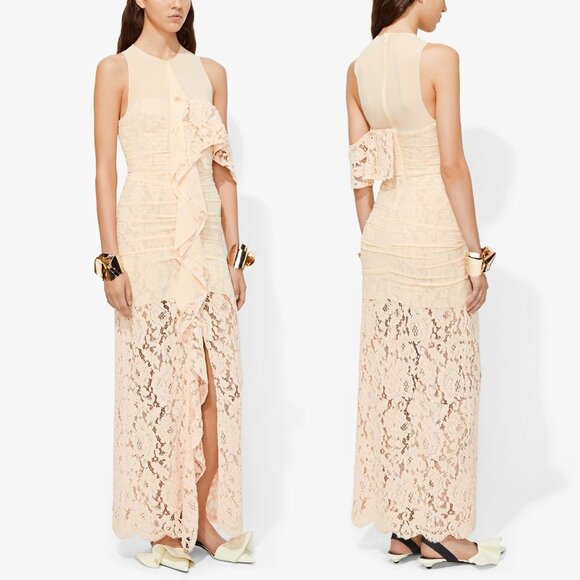 Proenza Schouler Silk Corded Lace Layered Cascading Ruffle Maxi Dress Nude 4 NEW - Picture 1 of 8